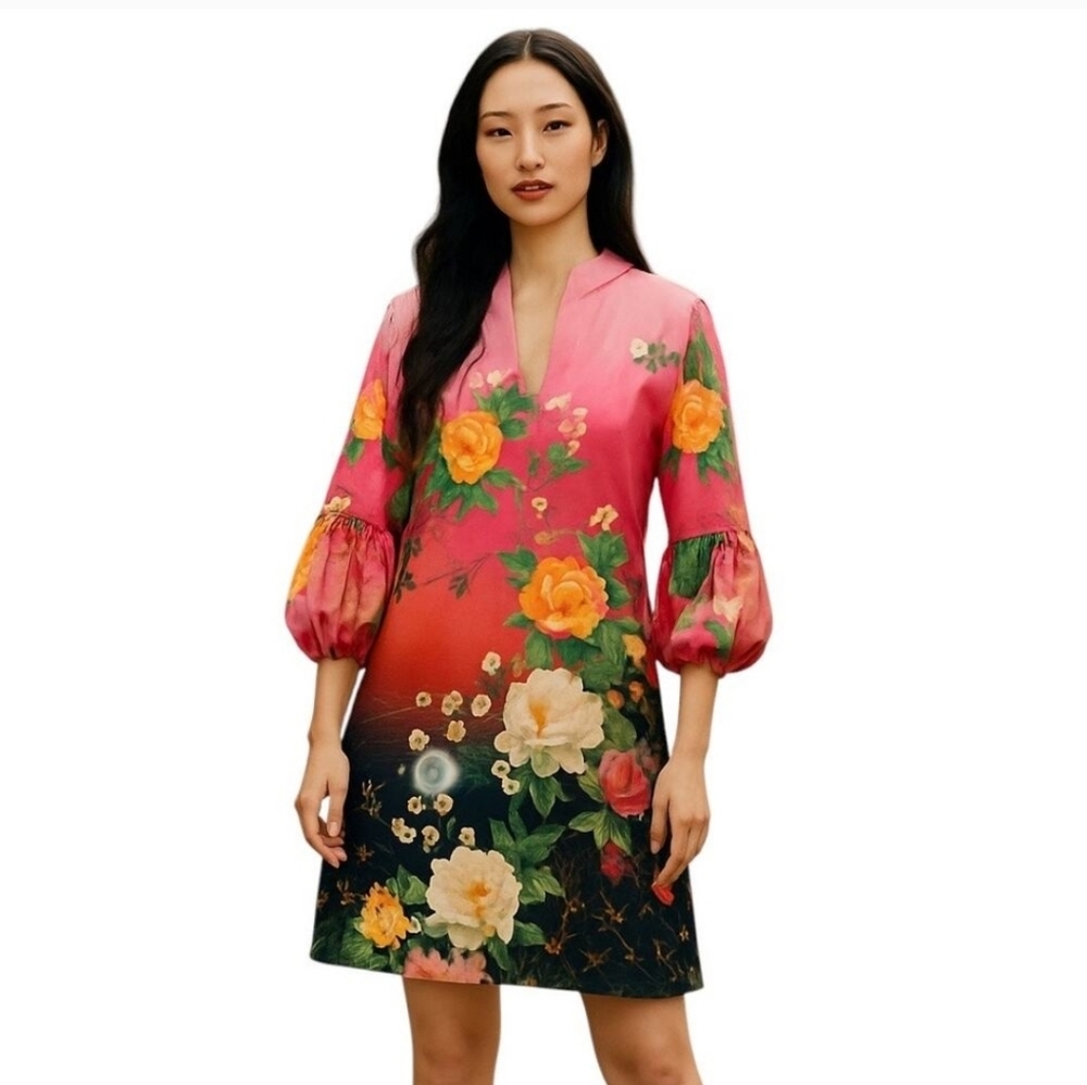 Floral Teal Dress with Pink Accents Size L By New York And Company - Picture 7 of 8